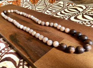 “Hawaiian Island Necklace” Koa & Peach Moonstone.