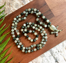 Load image into Gallery viewer, “Dreaming Lights Japa Mala” AAA Faceted and Rondelle Prehnite Handmade 108 Stone Japa Mala
