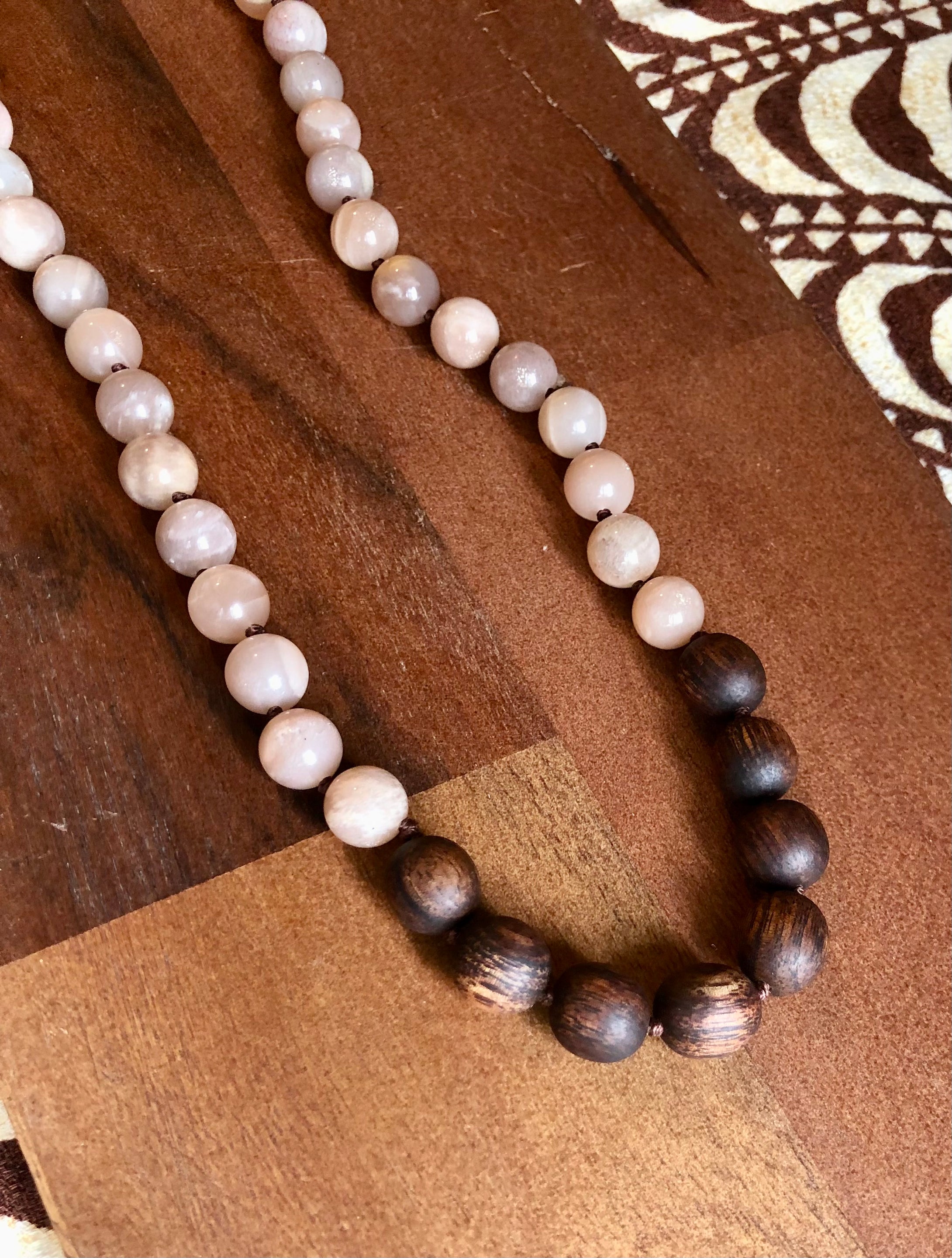 “Hawaiian Island Necklace” Koa & Peach Moonstone.