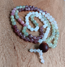 Load image into Gallery viewer, &quot;Nourishing Gratitude&quot; - Prehnite, Rainbow Moonstone, and Strawberry Quartz 108 Handmade Stone Japa Mala.
