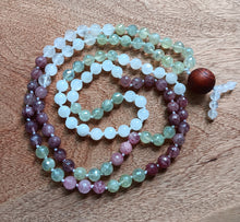 Load image into Gallery viewer, &quot;Nourishing Gratitude&quot; - Prehnite, Rainbow Moonstone, and Strawberry Quartz 108 Handmade Stone Japa Mala.
