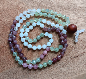 "Nourishing Gratitude" - Prehnite, Rainbow Moonstone, and Strawberry Quartz 108 Handmade Stone Japa Mala.