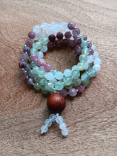 Load image into Gallery viewer, &quot;Nourishing Gratitude&quot; - Prehnite, Rainbow Moonstone, and Strawberry Quartz 108 Handmade Stone Japa Mala.
