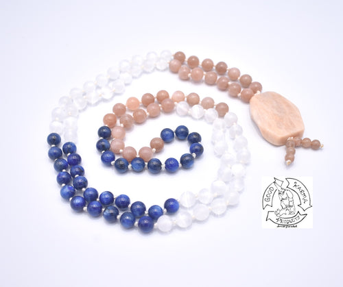 Selenite, Kyanite, and Sunstone Handmade Japa Mala.